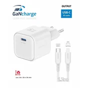 SWISSTEN NETWORK ADAPTER GaN 1x USB-C 35W MOČNA DOBAVA BELA   PODATKOVNI KABEL USB-C/LIGHTNING 1,2 M BELA