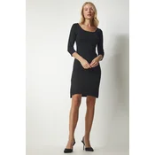 Happiness Istanbul Womens Black U-Neck Slit Woven Dress