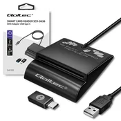 Čitalnik pametnih identifikacijskih kartic Qoltec SCR-0636 | USB 2.0 + USB-C adapter