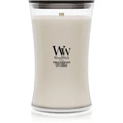 Woodwick Tonka & Almond Milk dišeča sveča z lesenim stenjem 610 g