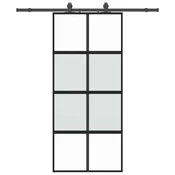 Vidaxl Drsna vrata z opremo črna 90x205 cm kaljeno steklo