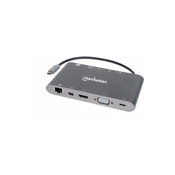 Priklopna postaja MANHATTAN, USB-C (M) na HDMI, Mini DP, VGA, USB-A, USB-C, Gigabit RJ45, SD/MicroSD bralnik, 3.5mm audio, sivi