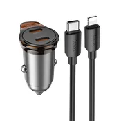 Hoco Avtomobilski polnilnik Hoco 2 x USB-C QC PD 45 W + kabel USB-C na Lightning NZ16B, siv