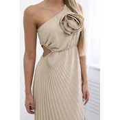 Womens pleated dress with flowers - light beige
