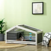 PawHut PawHut Lesena kletka za kunce s hiško in odprtim prostorom, kletka za 1 kunca s snemljivim pladnjem, 90x53x50cm, temno siva, (20708503)