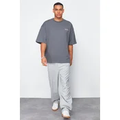Trendyol Anthracite Oversize 100% Cotton Crew Neck Minimal Text Printed T-Shirt