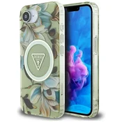 slomart Etui Guess IML Metal Glitter Flowers Triangle MagSafe za iPhone 16e - zeleno