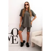 Kesi Włoski Womens cotton set with short sleeves and shorts khaki