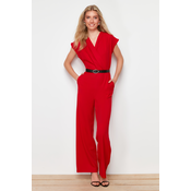 Trendyol Red Belted Double Breasted Collar Wide Leg Woven Jumpsuit