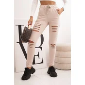 Kesi Womens cotton pants with distressing and elastic waistband beige