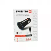 Avtopolnilec Swissten, 2XUSB, s kablom za strelo, 2,4A, črn