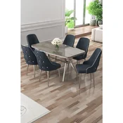 Hanah Home trpezarijski set Asel, sto i 6 stolica, antracit ploca Irony, hromirane noge, antracit tkanina Babyface
