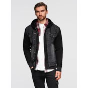 Ombre Mens denim jacket with knitted sleeves and hood - black