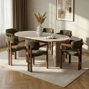 HANAH HOME Set Trpezarijski sto i 6 stolica Travertine Walnut Green