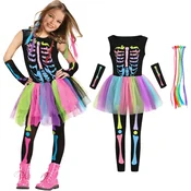 Nikcorp Kostum za deklice Neon Disco okostnjak, velikost S 102-115 cm, elastičen pustni kostum za Halloween, tematske zabave 80-ih in 90-ih, zračen material, črna podlaga z neonskim tiskom kosti, udoben kroj