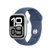 Apple Watch Series 10: GPS + Cellular, 42 mm, ohišje iz aluminija v srebrni barvi, pašček Sport Band v denim barvi - S/M