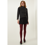 Happiness Istanbul Womens Anthracite Pearl Detailed Turtleneck Knitted Blouse