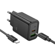 Hoco polnilec N63 GaN PD 30W USB-A, Type C s kablom Type C na Type C - črn