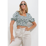 Trend Alaçati Stili Womens Green-White Square Neck Watermelon Sleeve Gimped Crop Linen Blouse