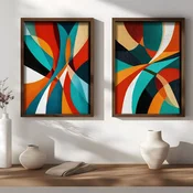 WallXpert set uramljenih MDF slika NAL202-46, apstraktne krivine u tirkiznoj, narandžastoj, crvenoj i crnoj, 2 x 35,5 x 47 cm