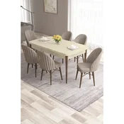 Hanah Home trpezarijski set Roz, sto na razvlacenje i 6 stolica, krem ploca, noge boje oraha, kapucino tkanina Babyface