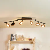 Lindby LED reflektor Manel, les, dolžina 152 cm, 6 plamenov - Dnevna soba/jedilnica - Podeželska hiša/Rustikalna - svetel les, črna, bela - Kovina