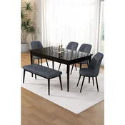 Hanah Home trpezarijski set Pir, sto, 4 stolice i klupa, ploca u dekoru crnog mermera, dimno siva tkanina Babyface