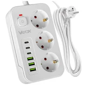 Vayox VA0468W-3 podaljšek 3 vtičnice 10A 3x USB-A 3x USB-C 2.1A stikalo bel 3 m