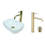 shumee GTM Design Aufsatzwaschbecken 36 cm Glanz Set mit Waschtischbatterie und Stopfen - Aufsatzwaschbecken Oval für Badezimmer - Modern Waschbecken ohne Hahnloch - Waschbecken mit Armature