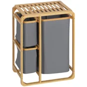 HOMCOM Košara za perilo prostorsko varčna, elegantna košara za perilo s 3 vrečkami in policami iz tkanine, bambus, 50x32x69.7 cm, barva bambus in siva