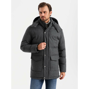 Ombre Mens long warm parka jacket with wool - black melange