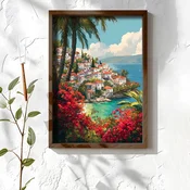 WallXpert uramljena MDF slika NAL090-46, primorsko mesto sa belim kucama, palmama i crvenim cvecem nad tirkiznim morem, 35,5 x 47 cm