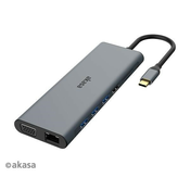 AKASA priključna stanica USB-C 14u1, USB-C (napajanje + podaci), USB 2.0, 2xHDMI, VGA, RJ45, USB 3.2, čitač kartica, 3, 5 mm priključak