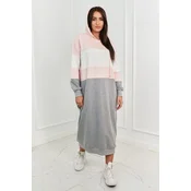 Three-color hooded dress powder pink + ecru + gray