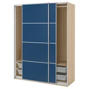 PAX/MEHAMN Garderobna omara z drsnimi vrati, imitacija beljenega hrasta aluminij/imitacija oreha modra, 150x66x201 cm