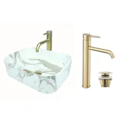 shumee GTM Design Aufsatzwaschbecken 40 cm Glanz Set mit Waschtischbatterie und Stopfen - Aufsatzwaschbecken Oval für Badezimmer - Modern Waschbecken ohne Hahnloch - Waschbecken mit Armature