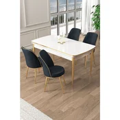 Hanah Home trpezarijski set Pale, sto na razvlacenje i 4 stolice, bela ploca, zlatne noge, antracit tkanina Babyface