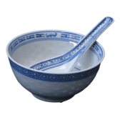 Skodelica z žličko za riž, omako, čaj, kavo z krožničkom , set 1/6, rižev porcelan, dekor zmaj, moder, navaden rob