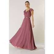 By Saygi Flounce Collar Waist Belt Lined Long Chiffon Dress