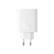 BASEUS Hišni polnilec 220V GaN CUBE Pro Fast Charge 65W vhod 1x USB A in 2x Type C - Original (EU Blister) bel