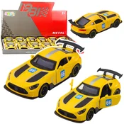 slomart LEAN TOYS rumeni kovinski dirkalnik 1:43 na poteg, vrata na odpiranje