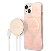 Komplet GUESS Ovitek + polnilec iPhone 14 Magsafe - Roza