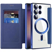 GS Ovitek za Samsung Galaxy S24 Ultra z naslonom, RFID denarnica MagSafe z zaščito kamere, temno moder
