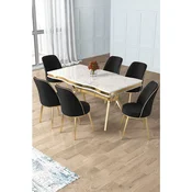 Hanah Home trpezarijski set Prah, sto i 6 stolica, ploca u dekoru belog mermera, zlatne noge, crna tkanina Babyface