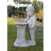 Casa Padrino Art Nouveau Sculpture Boy with Bird Bath Gray H. 50 cm - Elegant Garden Decoration Stone Figure - Baroque & Art Nouveau Garden Decoration Accessories