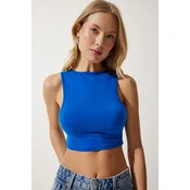 Happiness Istanbul Womens Blue Barbell Neck Crop Knitted Blouse