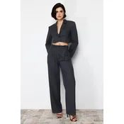 Trendyol Anthracite Premium Wide Leg Pinstripe Polyviscon Woven Trousers
