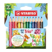 Barvni svinčniki, komplet, trikotni, debeli, STABILO Trio Thick Short Animal Vibes, 12 različnih barv, 12 kosov