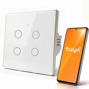 Qoltec pametno stikalo na dotik s 4 kanali | Wi-Fi | Časovnik | Tuya | Pametno življenje | Kaljeno steklo | Bela