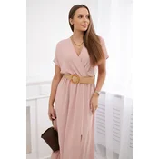 Long dress with decorative belt powder pink